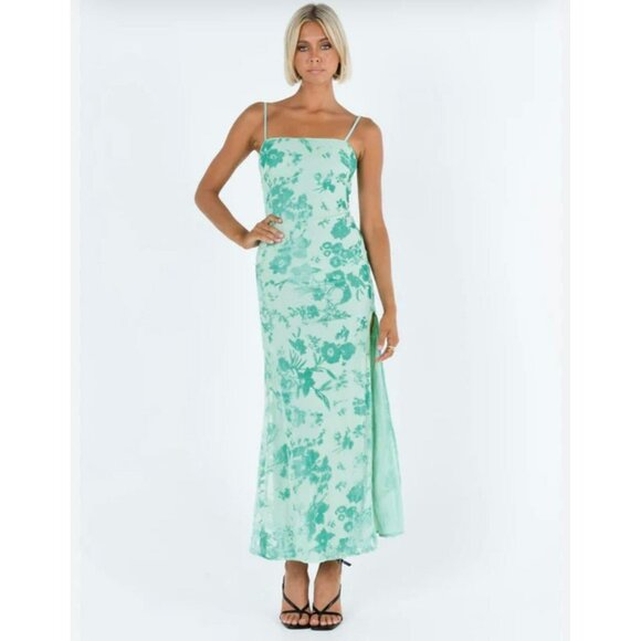 Princess Polly Maxi Dress Teal Velvet Burnout Size 8 Front Slit Floral